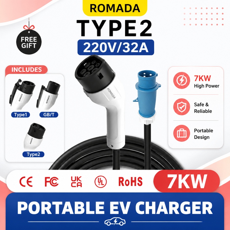 Portable Ev Charger 32A Type 2 Cee Plug - เครื่องชาร์จรถยนต์ไฟฟ้าแบบพกพา ROMADA 7KW GBT Type1 สายเคเบิล